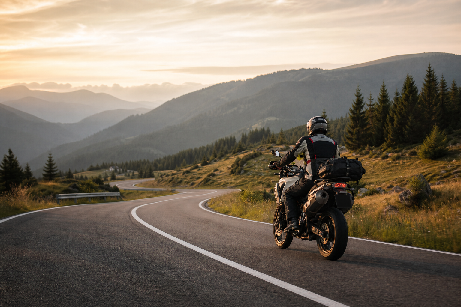 Motociclist pe un drum de munte din România